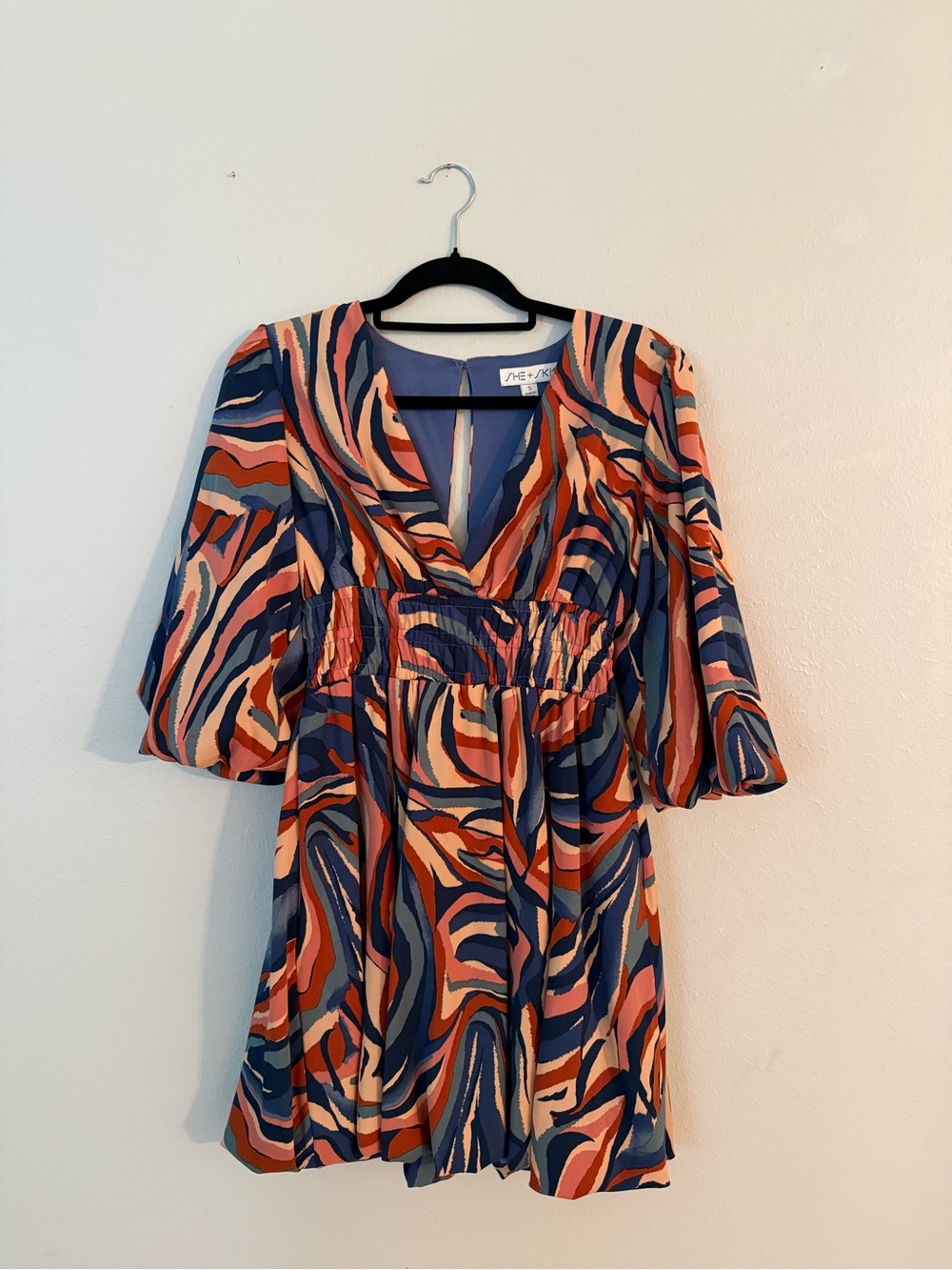 Twirl-Worthy She + Sky Swirl Print Mini Dress • Puff Sleeve Smocked Waist S
